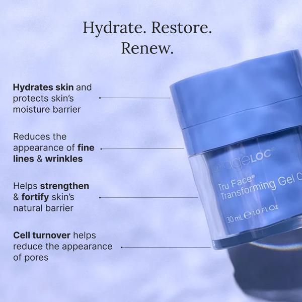 Blue skincare gel container with text highlighting benefits on a light blue background