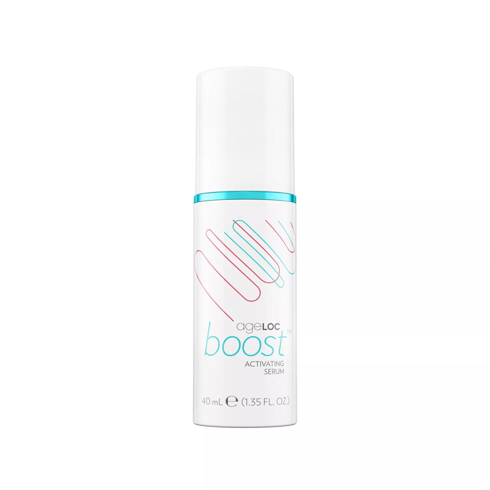 Skincare serum bottle labeled 'ageLOC Boost' on a white background