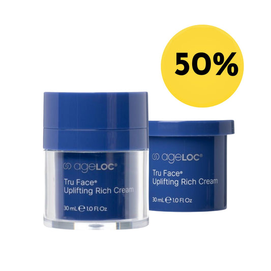 Two jars of ageLOC Tru Face Uplifting Rich Cream with a 50% discount label on a white background.