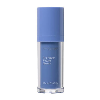 Blue skincare serum bottle labeled 'Tru Face Future Serum' on a white background