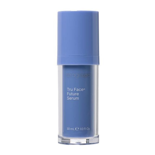 Blue skincare serum bottle labeled 'Tru Face Future Serum' on a white background