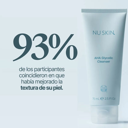 A light blue tube of NU SKIN AHA Glycolic Cleanser shown next to Spanish marketing text that reads '93% de los participantes coincidieron en que había mejorado la textura de su piel.'.