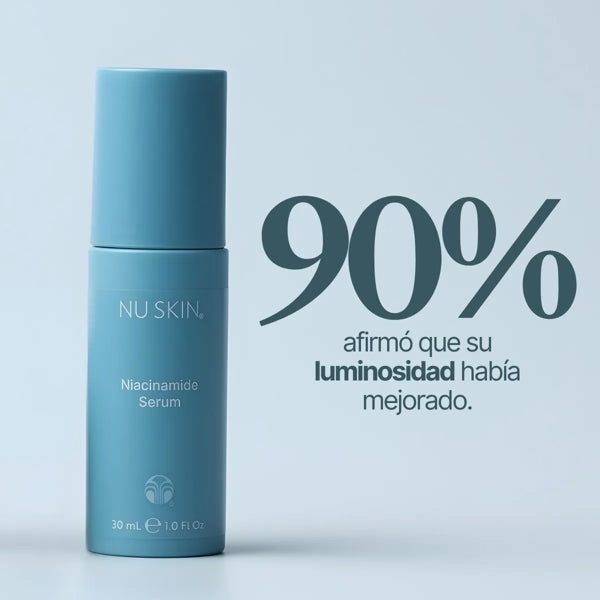 A light blue cylindrical bottle of NU SKIN Niacinamide Serum stands on a pale blue background next to large Spanish text reading '90% afirmó que su luminosidad había mejorado.'.
