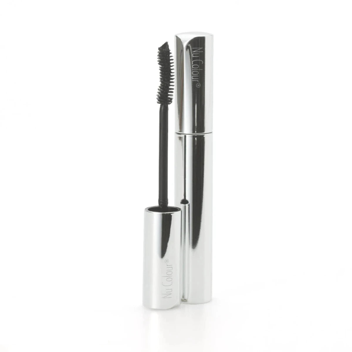 Mascara with silver casing and black brush on a white background