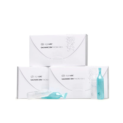 3 boxes of Age Loc Galvanic Spa Facial Gels on a white background