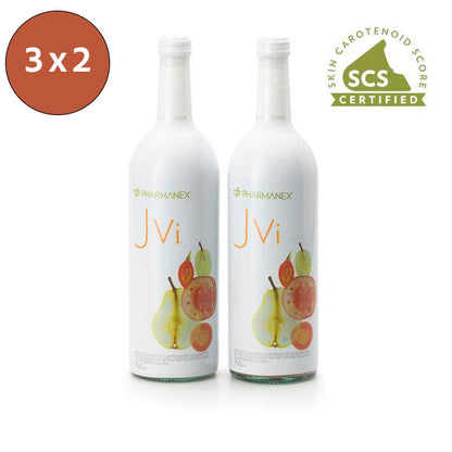 3 x 2 bottles of JVi with a skin carotenoid score certification logo on a white background