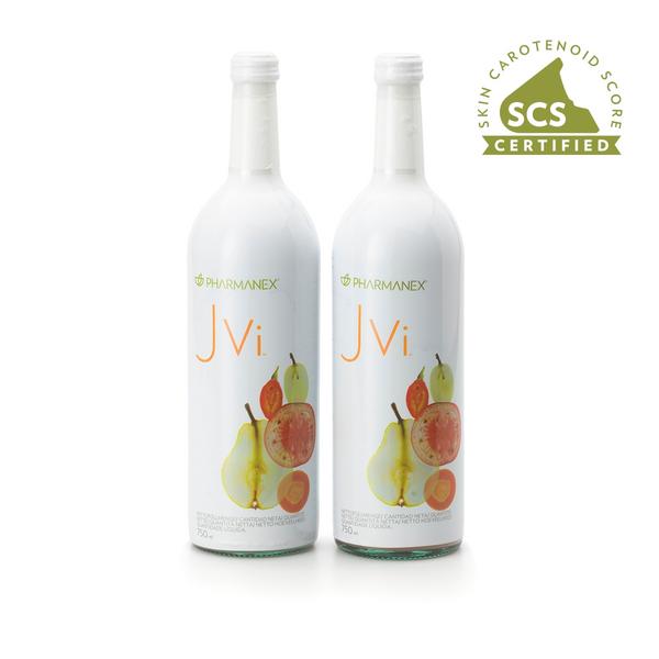 Two bottles of JVi with a skin carotenoid score certification logo on a white background