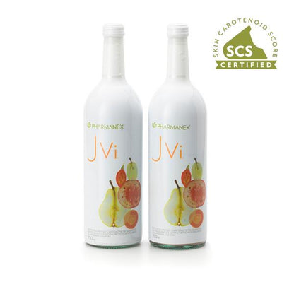 Two bottles of JVi with a skin carotenoid score certification logo on a white background