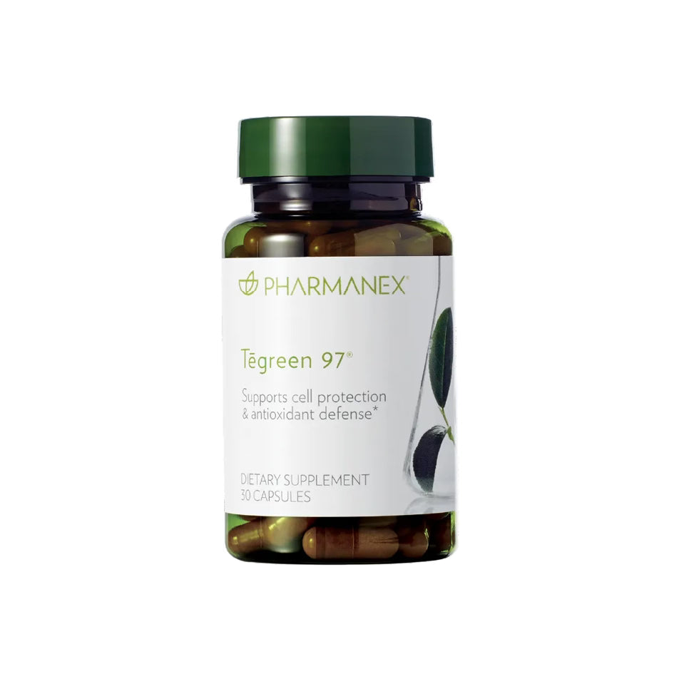 Supplement bottle labeled 'Tegreen 97' by Pharmanex on a white background