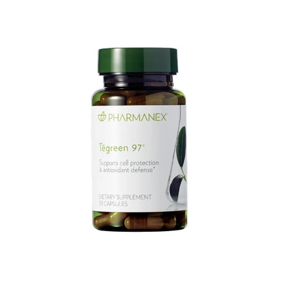 Supplement bottle labeled 'Tegreen 97' by Pharmanex on a white background