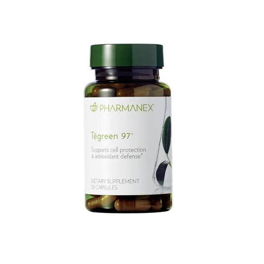 Supplement bottle labeled 'Tegreen 97' by Pharmanex on a white background