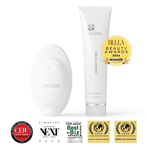 Nu Skin RenuSpa iO + conductive gel tube with awards on a white background