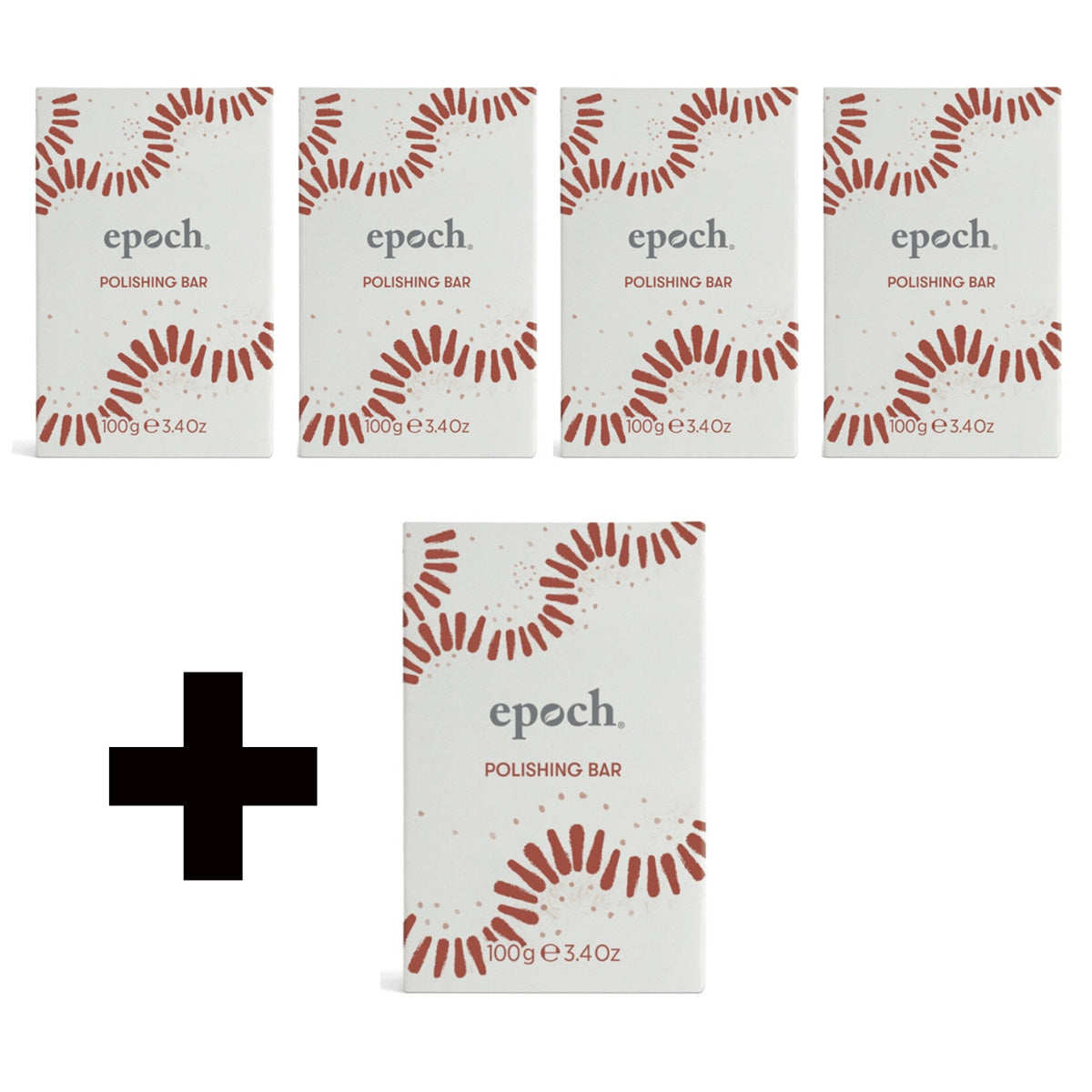 Four boxes of epoch Polishing Bar with a plus sign in the center on a white background