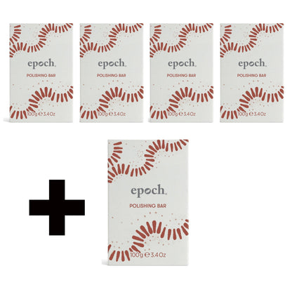 Four boxes of epoch Polishing Bar with a plus sign in the center on a white background