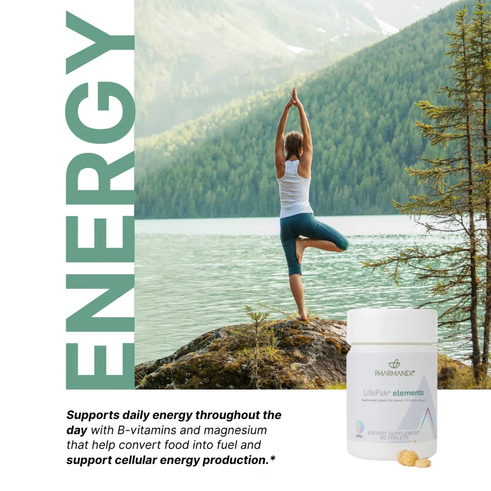 Person practicing yoga by a lake with 'ENERGY' text and a supplement container.