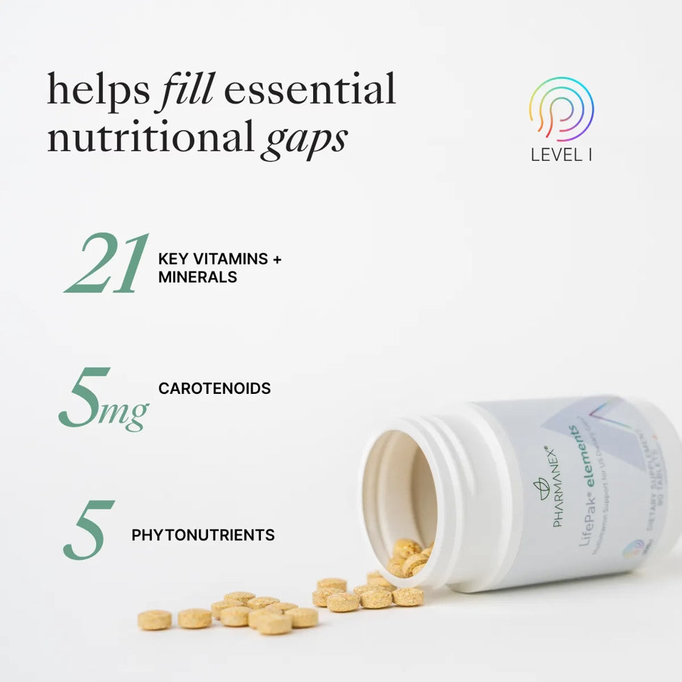 Supplement container with vitamins and minerals on a white background