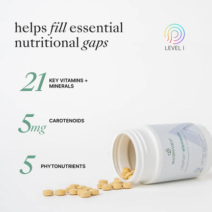 Supplement container with vitamins and minerals on a white background