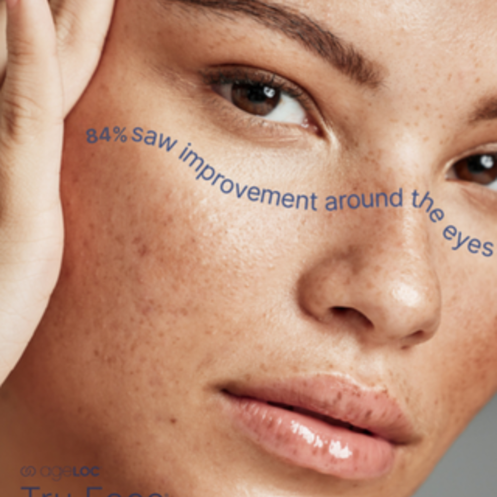 Close-up of a person's face with text indicating improvement around the eyes, featuring Tru Face product.